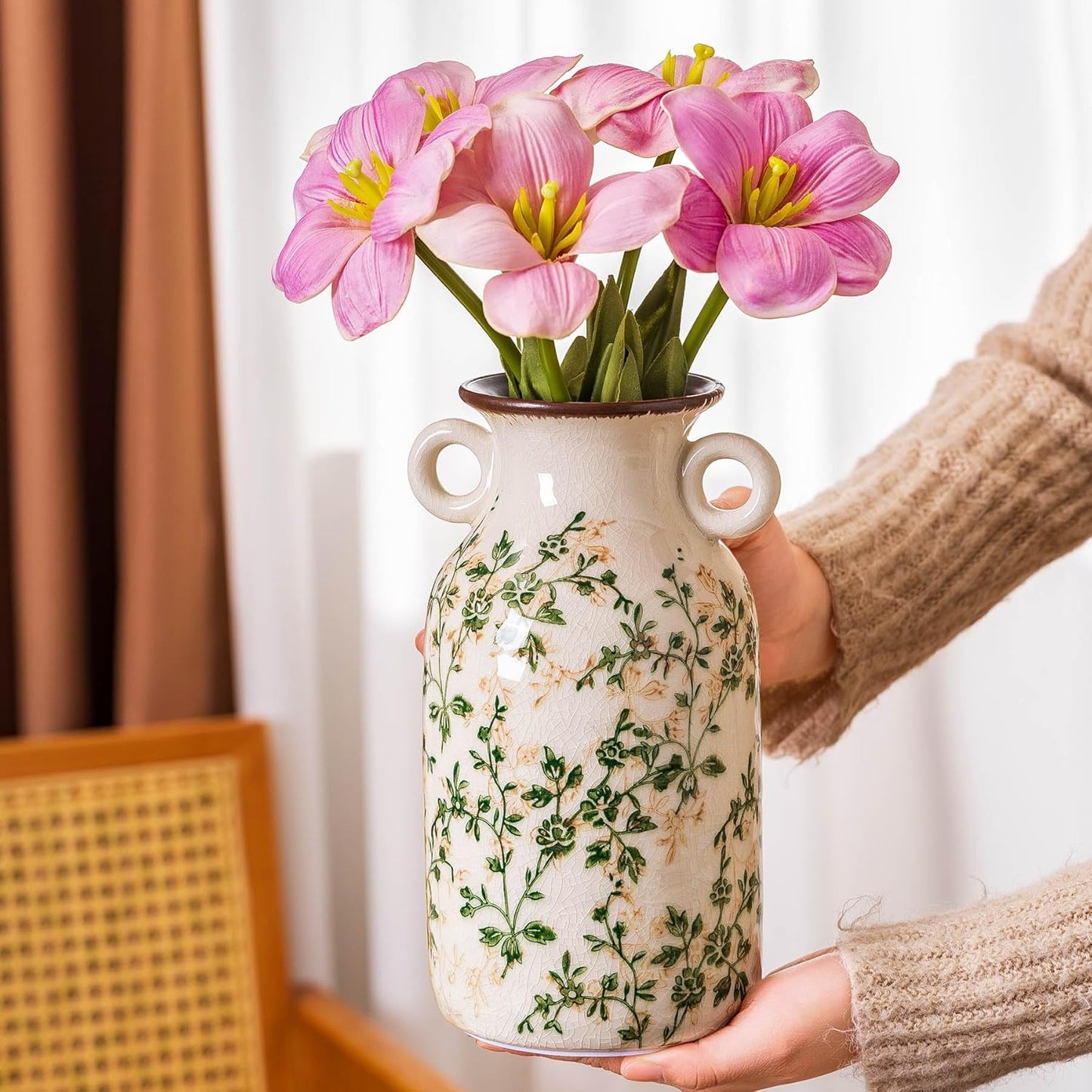 Vintage Pastoral Vase with Handles, Green and Beige Retro Ceramic Flower Vase, Rustic Farmhouse Vases Chinoiserie Floral Large Vase for Home Decor, Living Room, Kitchen, Bedroom and Shelf 9.1 Inch-VerdiqueGarden