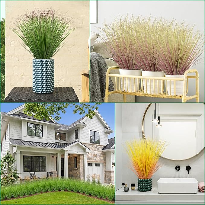 12Pcs Artificial Grass Plants, Faux Shrubs Wheat Grass, Artificial Tall Grass Fake Plants for Outdoor Decor,Artificial Greenery Stems Weed for Room Indoor Home Decor（Green Red Tail）-VerdiqueGarden