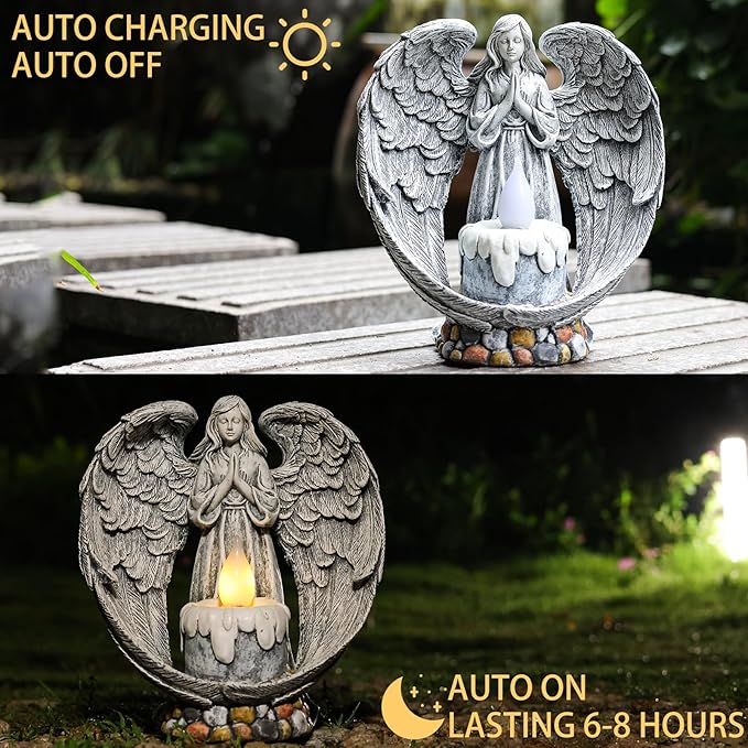 Angel Garden Statues Outdoor Cemetery Decorations for Grave Take The Cross Praying Wings Angel Figurine Cemetery Lights Patio Lawn Yard Porch Decorations 10.24 Inch-VerdiqueGarden