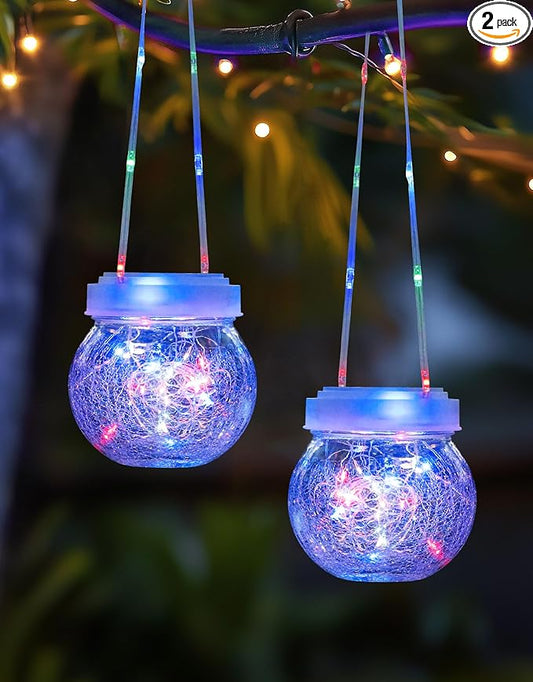 Solar Lantern Solar Lights Outdoor Waterproof 2-Pack, Solar Powered Hanging Lights Cracked Glass Hanging Globes for Christmas Decoration, Shepherd Hook, Garden Tree Ornaments,White Cap, Multi-Color-VerdiqueGarden