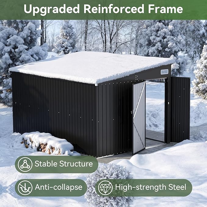 Aoxun 12' x 7.3' Shed 441 CU.FT Outdoor Waterproof Storage Shed with Triple Lockable Door Garden Metal Tool Shed for Outside (Black)-VerdiqueGarden
