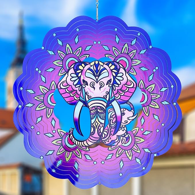Elephant Wind Spinners 3D Hanging Wind Spinner Elephant Ornament Gifts for Women Mom Grandma,12inch Metal Wind Kinetic Sculpture for Outdoor&Indoor Decor, Yard Art, Garden Decoration-VerdiqueGarden