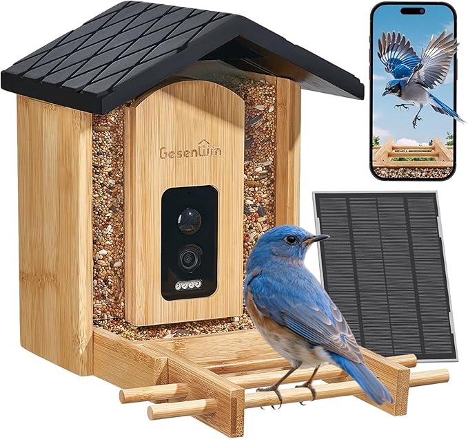 Smart Bird Feeder with Camera for Wild Birds - Identifies 11,000+ Species, Solar Panel Wireless Outdoors Bamboo Birdhouse with Cam, 2K HD Live Video & Instant Alerts - Bird Lover Gifts-VerdiqueGarden