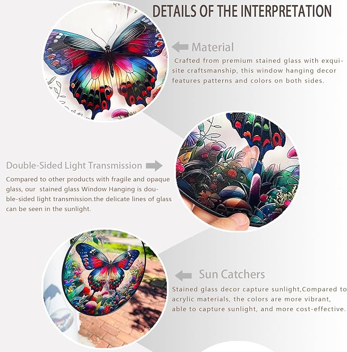 RIVEENY Butterfly Stained Glass Window Hangings, 8" Monarch Butterfly Hanging Stained Glass for Windows, Sun Catcher Garden Hangings Christmas Mother's Day, Valentine's Day Ornaments Festival Gift-VerdiqueGarden