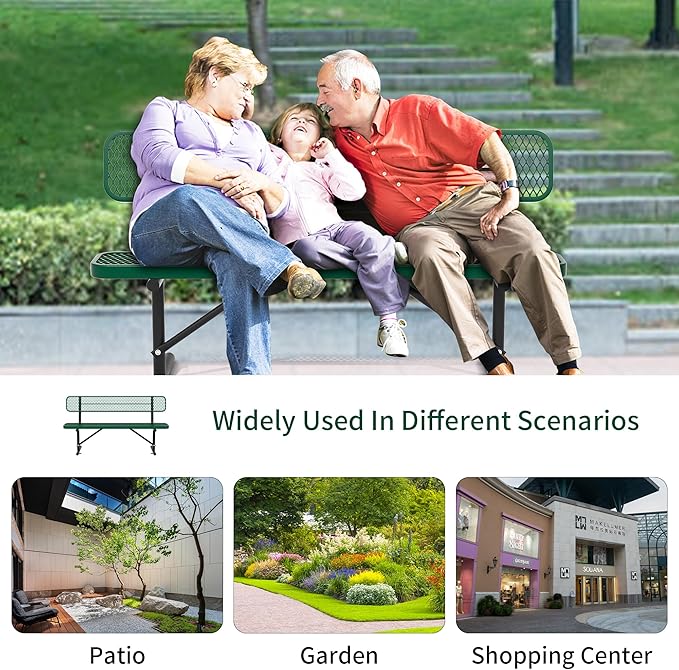 Heavy Duty Park Bench with Back Portable Frame, Outdoor Steel Bench with Backrest, Outdoor Park Bench Expanded Metal Mesh Bench for Lawn, Park, Deck, Garden, Patio, Porch, Black (Green, 6FT)-VerdiqueGarden
