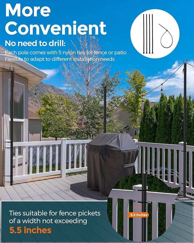 LAND·VOI Metal String Light Poles for Outside Hanging - Backyard, Garden, Patio, 1 Pack Lighting Stand with Adjustable Height for Outdoor Parties, Wedding, Extra-Long 5-Prong Claws, (9.6FT) FLP01B-VerdiqueGarden