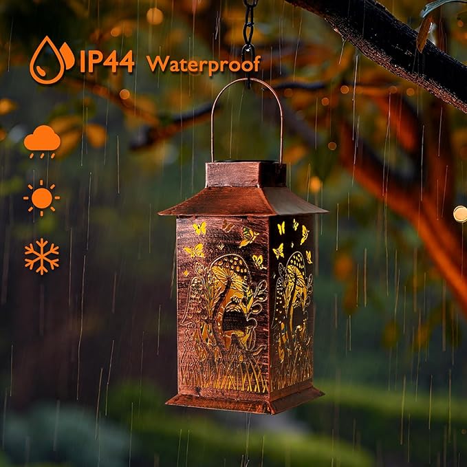 Homemory Mushroom Solar Lanterns Waterproof, Metal Hanging Hollowed-Out Metal Decor Lantern, LED Outdoor Decoration for Outside LED Lanternse for Yard, Backyard, Porch, Lawn-VerdiqueGarden