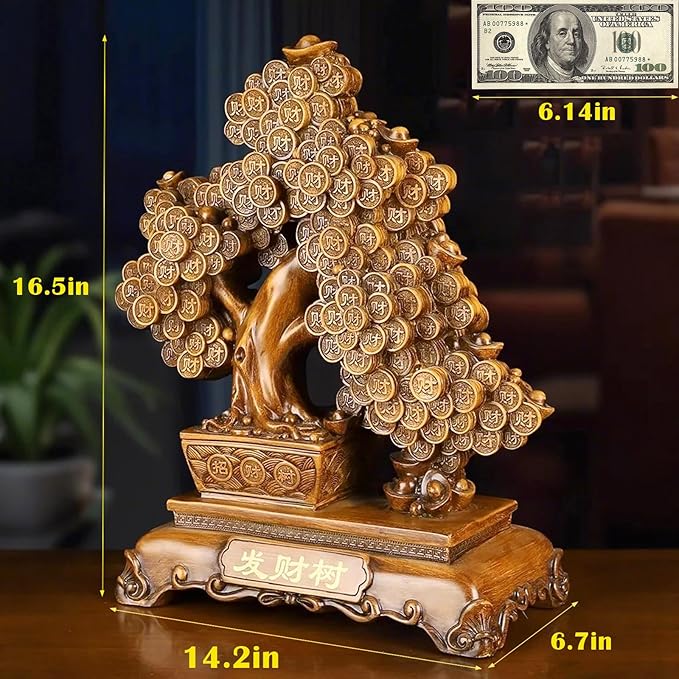 FENGSHUI-CAISHEN Top Resin Money Tree, Artificial Bonsai Tree, Handcrafted, Premium Quality, Feng Shui Gift for Abundance Luck and Success (Brown)-VerdiqueGarden