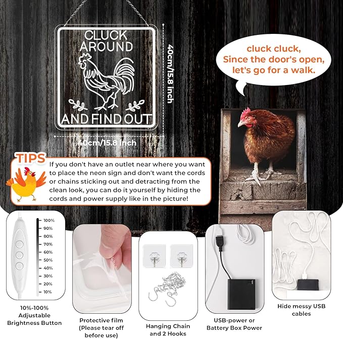 Funny Rooster Decor 16 X 16 Inch Large,Rooster Kitchen Decor Kitchen Sign Dimmable Neon Sign for Farmhouse,Rooster Gifts,Chicken Coop,Garden,Farm House Decoration-VerdiqueGarden