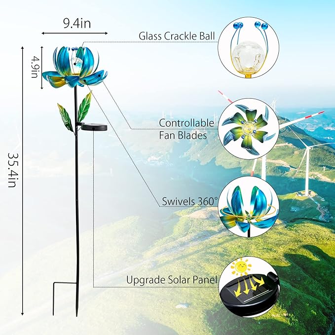 Huaxu Solar Outdoor Lights 35.4In Garden Decor Flower Wind Spinners,Waterproof LED Crackle Glass Globe Blue Lotus Art Metal Stake for Lawn Patio Pathway Yard Porch Driveway Decorations Gift-VerdiqueGarden
