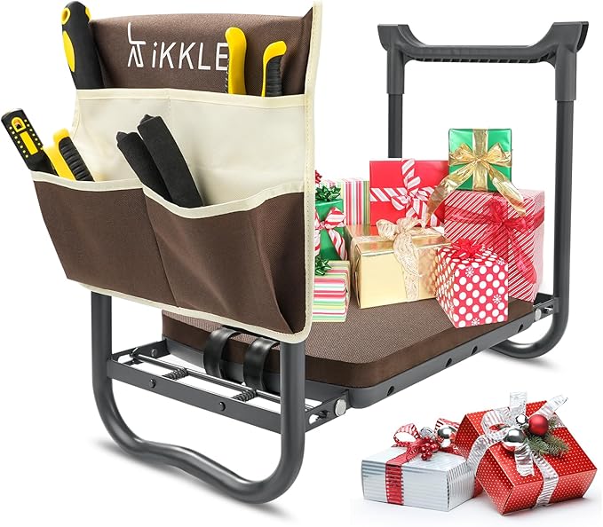 ikkle Garden Kneeler and Seat Gardening Stool Kneeler Folding Gardening Bench with Thicker Detachable Kneeling Pad and Tool Store Pouches (Brown)-VerdiqueGarden