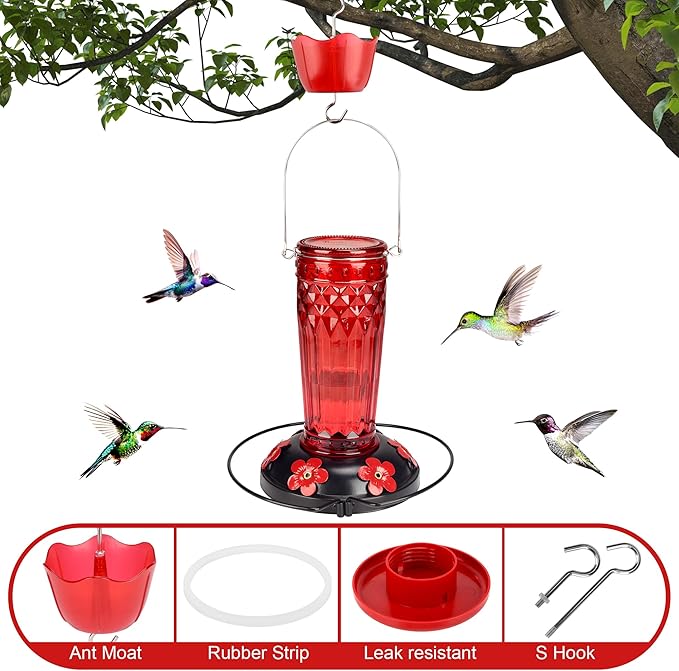 Hummingbird Feeder-16 Ounces，6 Feeding Ports Glass Hummingbird feeders for Outdoors,Wide Mouth for Easy Filling/Cleaning，Hanging for Garden Backyard Decor, Includes Ant Moat (Red)-VerdiqueGarden