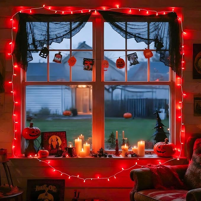 JMEXSUSS 33ft 100 LED Red Halloween Lights, 8 Modes Room String Light Indoor Plug-in, Clear Wire Red Christmas Lights Outdoor Waterproof for Halloween Bedroom, Party-VerdiqueGarden