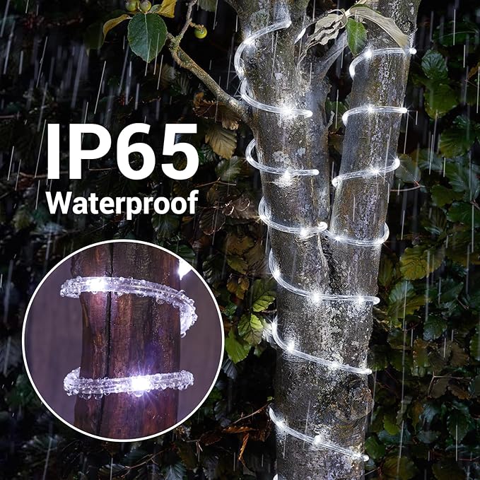 Solar Rope Lights, 2 Packs 66ft 200LED Solar String Lights, 8 Modes Waterproof Solar Powered Outdoor Lights, Flexible Clear Tube Light for Garden, Backyard, Patio, Deck, Porch, Pool,Tree Decor -White-VerdiqueGarden