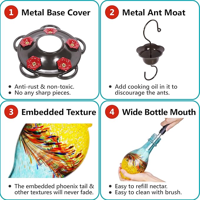 LUJII Hand Blown Glass Hummingbird Feeder for Outdoors with Ant Moat, Leak Proof & Rustproof, 25 fl.oz, Metal Base Cover with 5 Feeding Ports & Perches, Glass Art for Garden Decor (Blue Mixed Yellow)-VerdiqueGarden