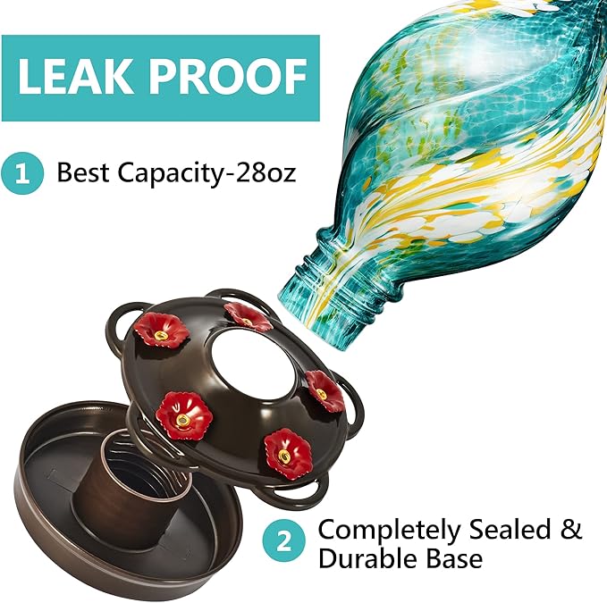 LUJII Ice Cream Shaped Spiral Hummingbird Feeder for Outdoors Hanging, Hand Blown Glass, 28 fl.oz, Leak Proof & Rustproof, Includes an Ant Moat with Hook, Unique & Stylish Glass Art & Decor (Teal)-VerdiqueGarden