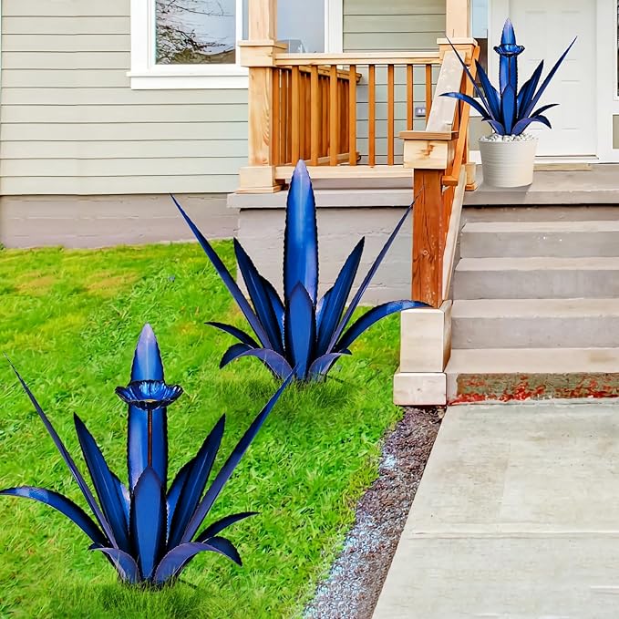 Upgraded Large Metal Yard Art, Metal Agave Plant Yard Decorations Outdoor Sculpture, Metal Flowers for Outside, Waterproof Outdoor Garden Decor (Blue+ Bird Feeder)-VerdiqueGarden