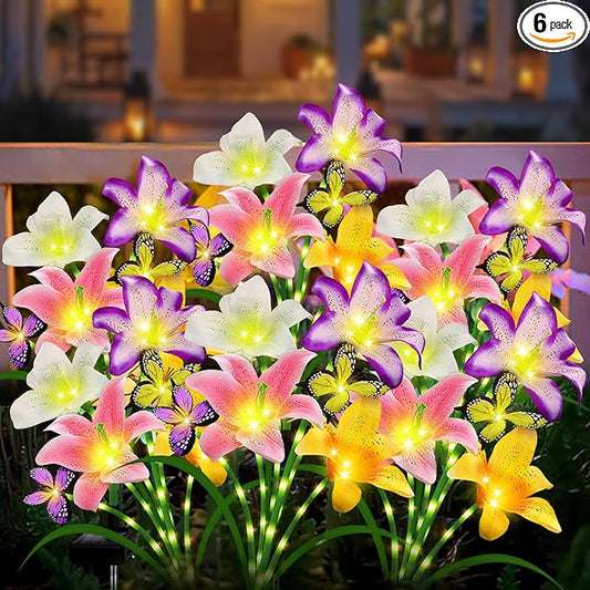 Solar Garden Lights 6 Pack 24 Lily Flowers with Butterfly Decor, Waterproof Solar Flower Lights for Outdoor - Upgraded Decorative Lilies for Yard, Patio, Pathway Decorations & Gardening Gifts-VerdiqueGarden