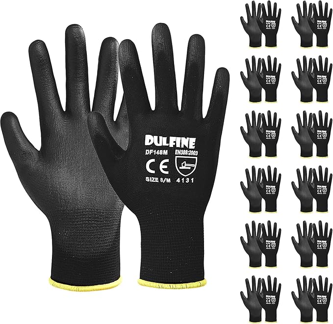 DULFINE Ultra-Thin PU Coated Work Gloves-12 Pairs,Excellent Grip,Nylon Shell Black Polyurethane Coated Safety Work Gloves, Knit Wrist Cuff,Ideal for Light Duty Work. (Extra Large)-VerdiqueGarden