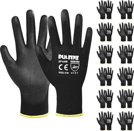 DULFINE Ultra-Thin PU Coated Work Gloves-12 Pairs,Excellent Grip,Nylon Shell Black Polyurethane Coated Safety Work Gloves, Knit Wrist Cuff,Ideal for Light Duty Work. (Medium)-VerdiqueGarden