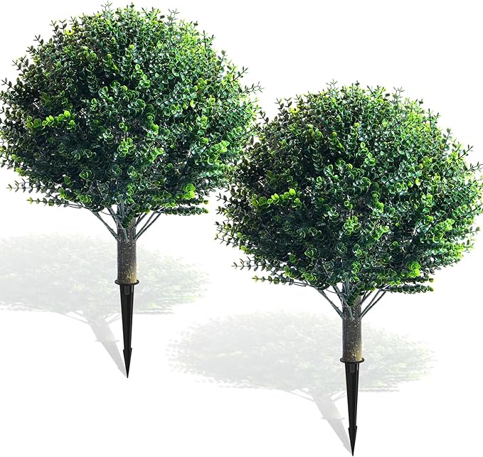 Yunlly 2 Pcs 18 Inch Artificial Boxwood Ball Topiary Tree Fake Outdoor Plants Bush, UV Resistance Faux Shrubs with Spike Realistic Greenery Potted for Indoor Garden Yard Porch Patio Decor (Dark Green)-VerdiqueGarden