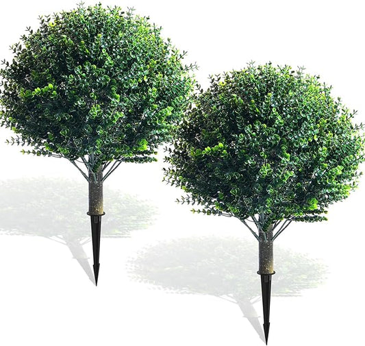 Yunlly 2 Pcs 18 Inch Artificial Boxwood Ball Topiary Tree Fake Outdoor Plants Bush, UV Resistance Faux Shrubs with Spike Realistic Greenery Potted for Indoor Garden Yard Porch Patio Decor (Dark Green)-VerdiqueGarden