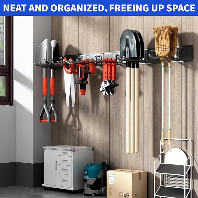 Garage Organization Tool Organizer Wall Mount, 48inch Heavy Duty Garden Tool organizer Storage System, Easy Install With 6 Adjustable Straight Hooks, For Garage, Basement, Shed, Workshop(Black)-VerdiqueGarden