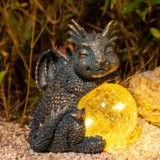 WONDER GARDEN Dragon Statue - Sleeping Dragon Figurines Solar Light Resin Garden Statues with Crackled Glass Globe Outdoor Waterproof Lawn Ornament Decor-VerdiqueGarden