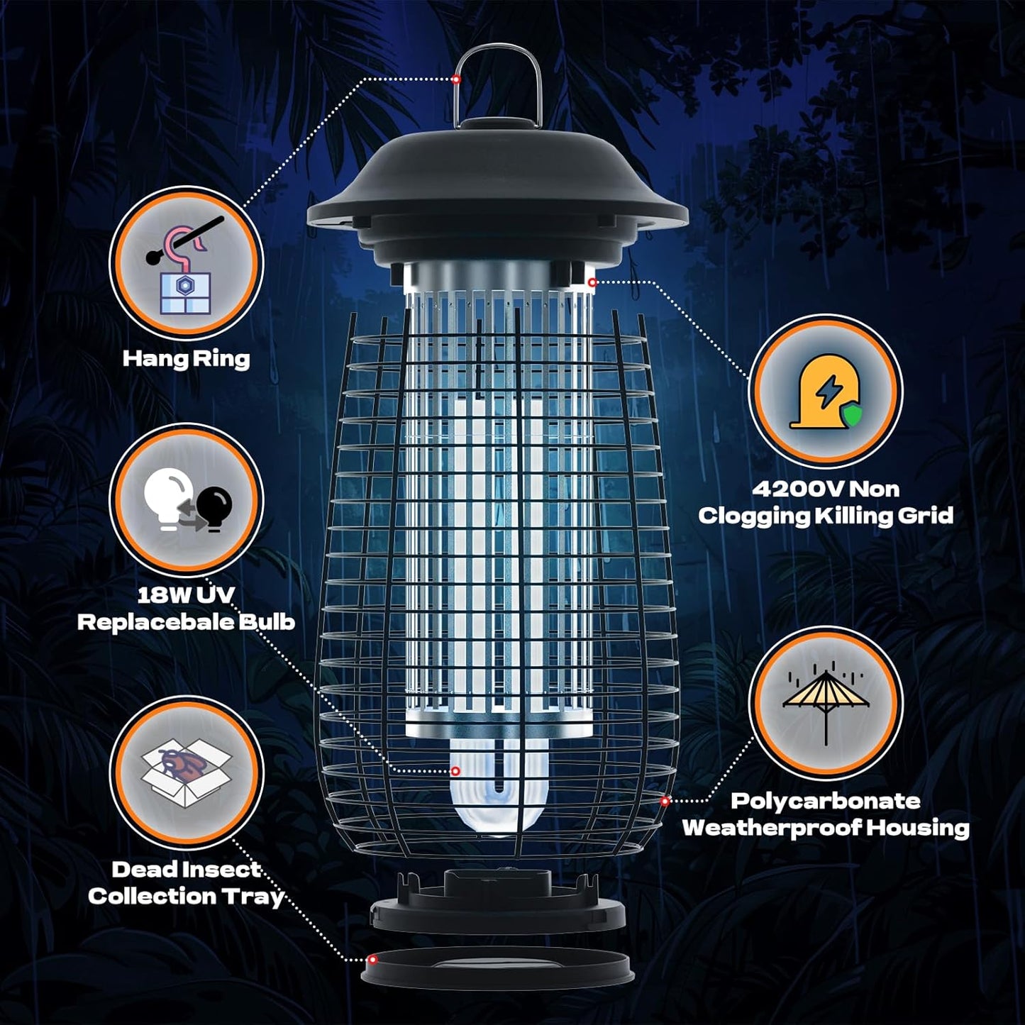 Bug Zapper Indoor & Outdoor, 4200V Electric Mosquito Zapper, 10 Years Lifespan, 6.5ft Power Cord, Waterproof, Fly Trap Mosquito Trap, Fly Killer Fly Zapper for Home, Patio, Kitchen, Backyard, Camping-VerdiqueGarden