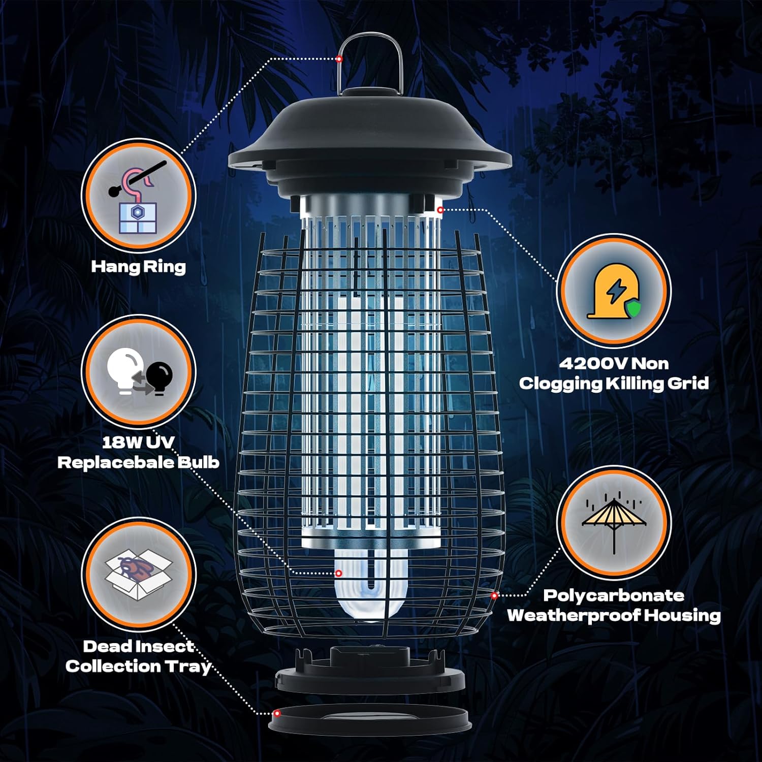 Bug Zapper Indoor & Outdoor, 4200V Electric Mosquito Zapper, 10 Years Lifespan, 6.5ft Power Cord, Waterproof, Fly Trap Mosquito Trap, Fly Killer Fly Zapper for Home, Patio, Kitchen, Backyard, Camping-VerdiqueGarden
