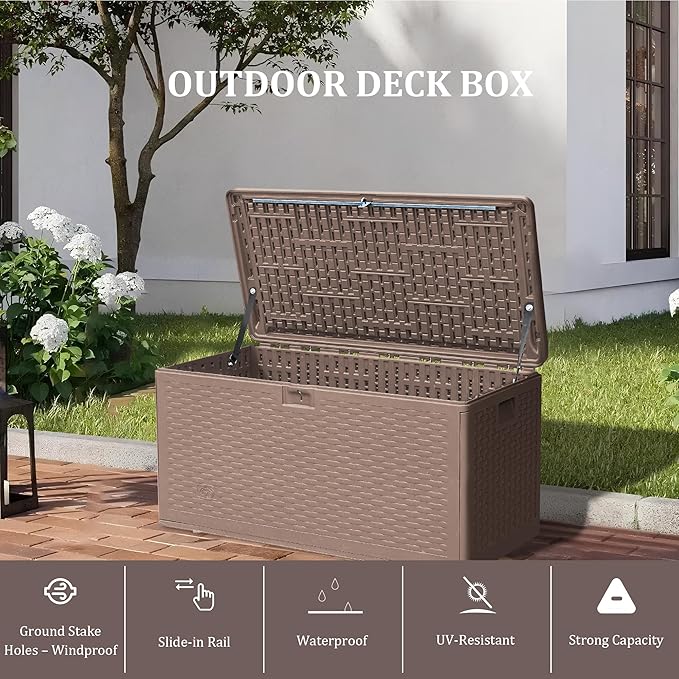 73 Gallon Pro Outdoor Storage Box Waterproof Lockable Resin Deck Box Large, Patio Storage Bin for Pool Accessories Cushion Furniture, Garden Tools, UV-Resistant Outside Delivery Brown-VerdiqueGarden