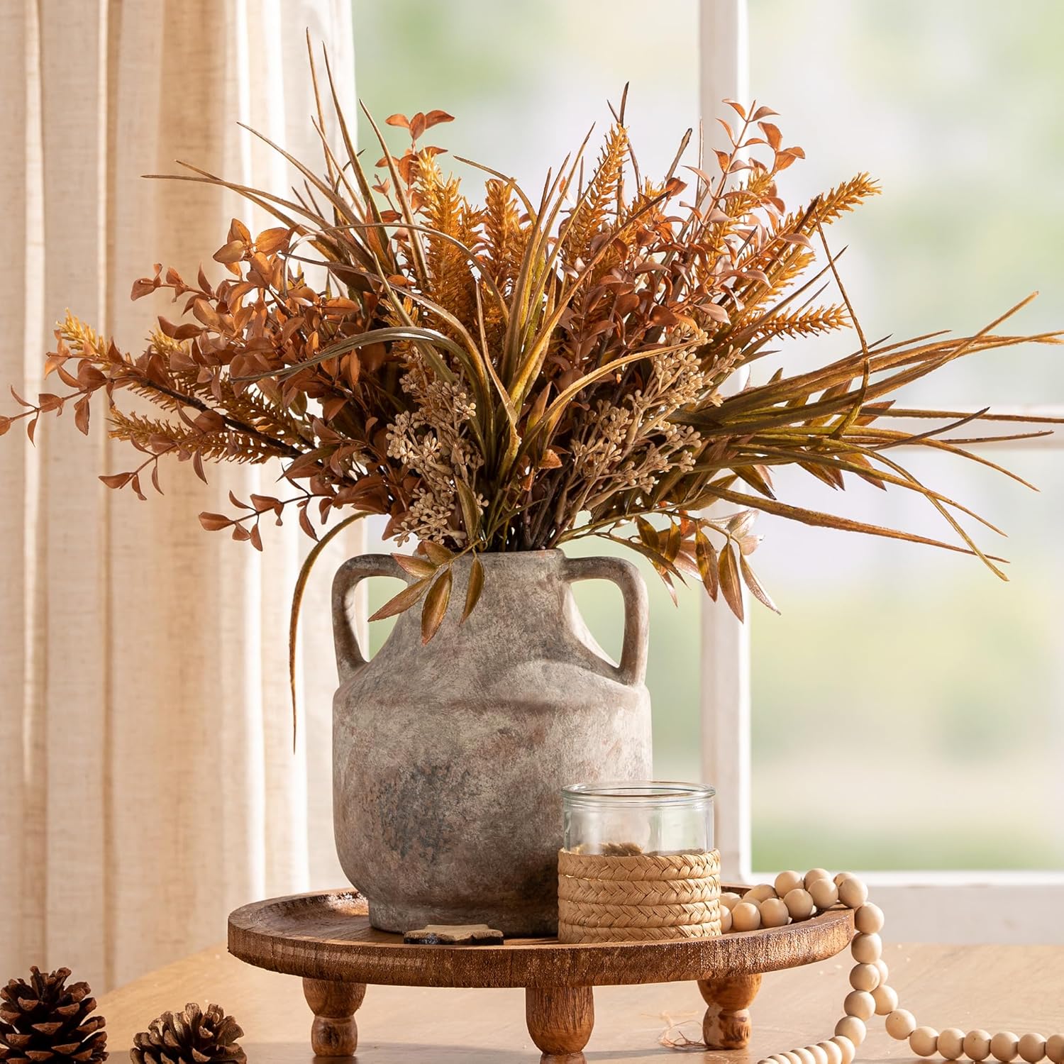 Mitt&Ditt Ceramic Flower Vase with Handles, 8 inch Tall Off-White Vase, Decorative Terracotta Vases, Farmhouse Rustic Pottery Vases for Home Decor, Living Room, Table-VerdiqueGarden