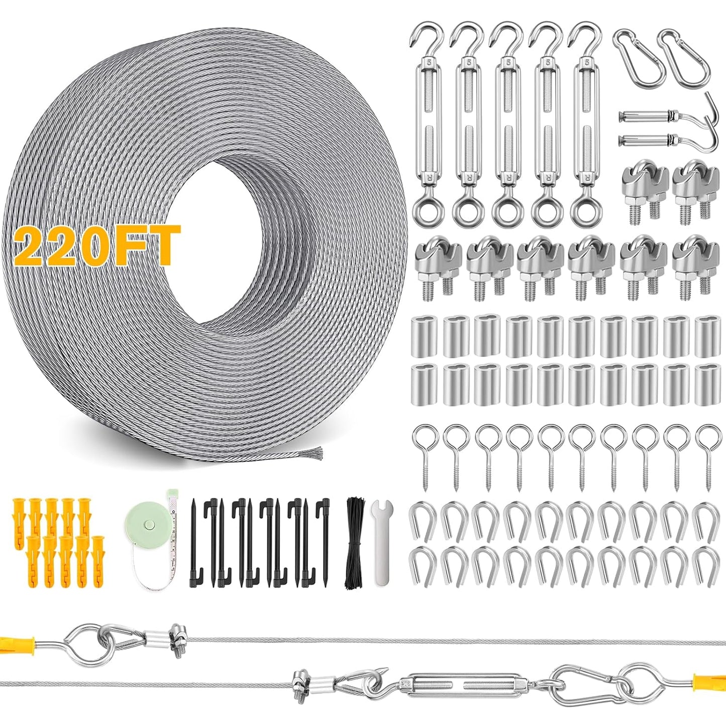 220FT 1/16" Wire Rope Kit - String Light Hanging Kit Vinyl Coated 304 Stainless Steel Cable with Turnbuckles for String Light Hanging, Gate Anti Sag, Stair Railing, Curtain, Picture Hanging, Garden-VerdiqueGarden