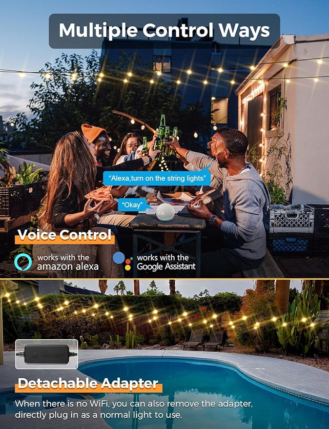 XMCOSY+ Patio Lights, Smart 50Ft Outdoor String Lights with 25 Dimmable G40 Globe Bulbs, APP Control, Work with Alexa, Connectable Waterproof LED Outdoor Light-VerdiqueGarden