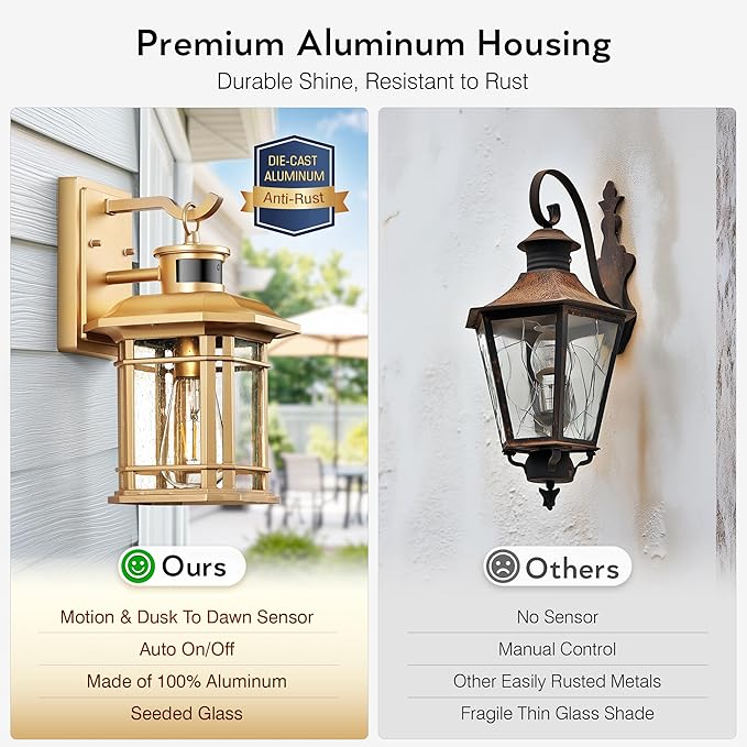 VIANIS Motion Sensor Exterior Lights for House, 2 Pack Dusk to Dawn Outdoor Lighting, Gold Outdoor Sconce Lantern, Waterproof, Weather Resistant Porch Lights Outside for House, Garage, Front Door-VerdiqueGarden