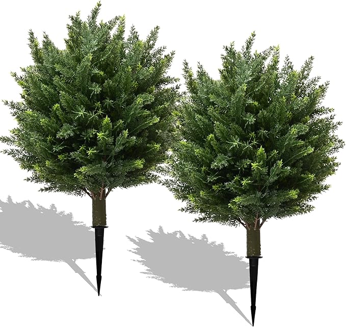 28" UV Resistant Artificial Shrubs for Outdoors - Real Looking Faux Bushes, Fake Cedar Trees, Outdoor Faux Ball Plants & Topiaries - Set of 2 Artificial Shrubs, Artificial Bushes for Garden Decor-VerdiqueGarden