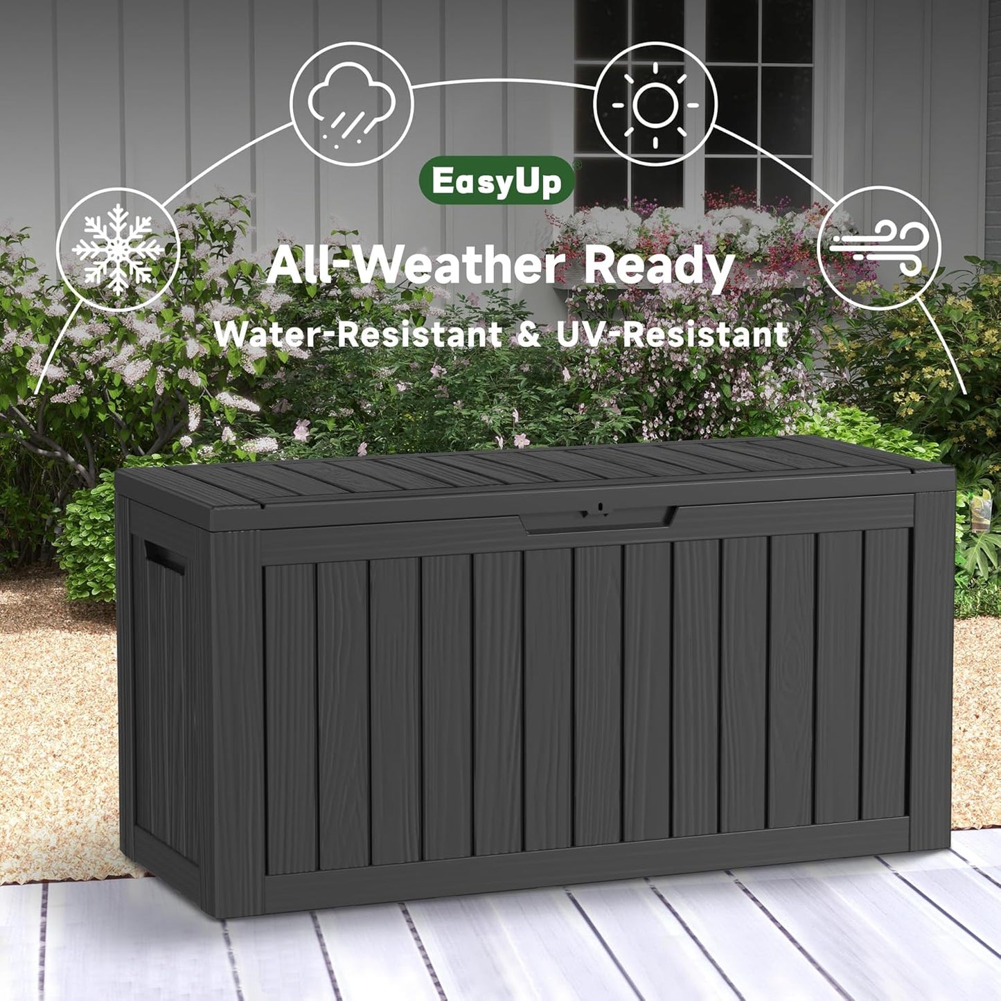 80 Gallon Outdoor Storage Box Waterproof, UV Resistant Resin Deck Box with Hydraulic Rod, Reinforced Stability for Patio, Garden, Striped Black-VerdiqueGarden