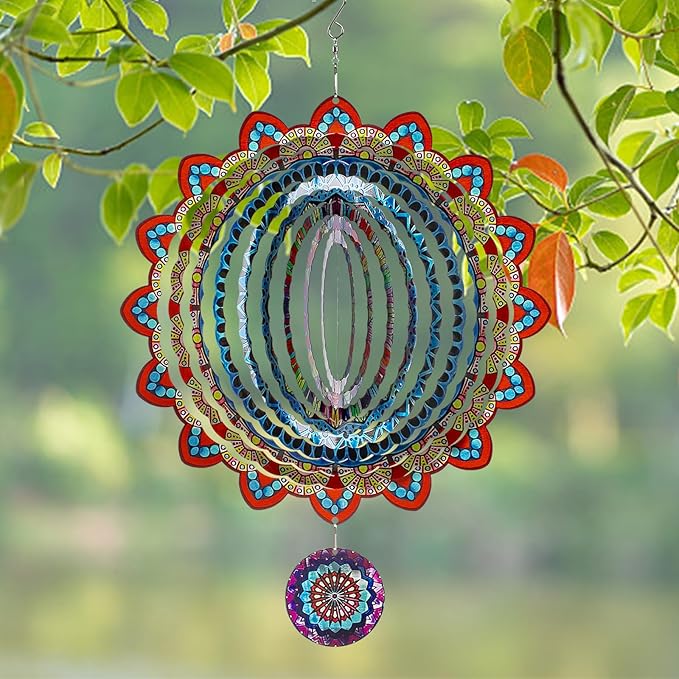 TUOKING Mandala Wind Spinners Outdoor Metal 3D Hanging Art Wind Spinner 12 Inch Stainless Steel for Yard and Garden Decoration Worth Gift for Women-VerdiqueGarden