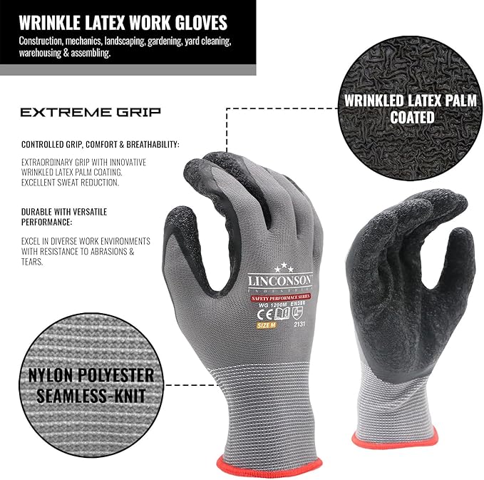 linconson 12 Pack Safety Performance Series Construction Mechanics Wrinkle Latex Work Gloves-VerdiqueGarden