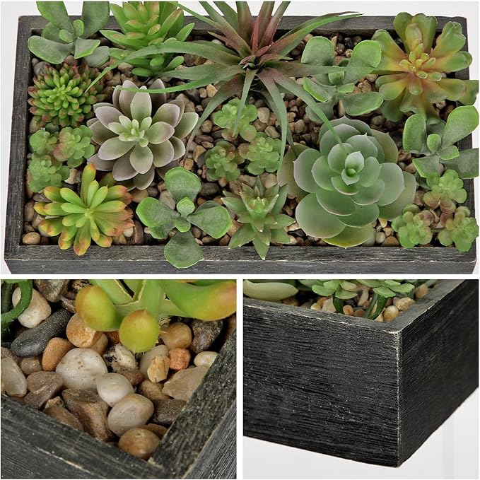 Artificial Succulent Plants in Pot 10 Inch Fake Succulent Arrangement Potted Succulents Plants Centerpiece in Rectangular Wooden Planter for Home Office Desk Shelf Living Room Bedroom Farmhouse Decor-VerdiqueGarden