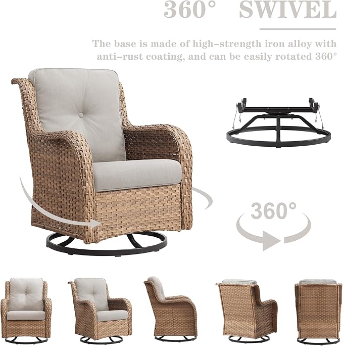 Wicker Outdoor Furniture Patio Furniture Set - 6 Piece Patio Conversation Set with Swivel Rocker Chairs, Loveseat Sofa, Ottomans and Coffee Table, Beige Cushion-VerdiqueGarden