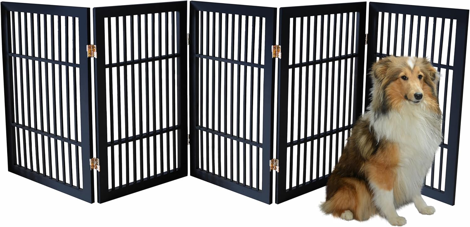 Pet Dog Gate Strong and Durable Freestanding Folding Acacia Hardwood Portable Wooden Fence Indoors or Outdoors by Urnporium (Black Pet Gate, 5 Panel 30" Tall)-VerdiqueGarden