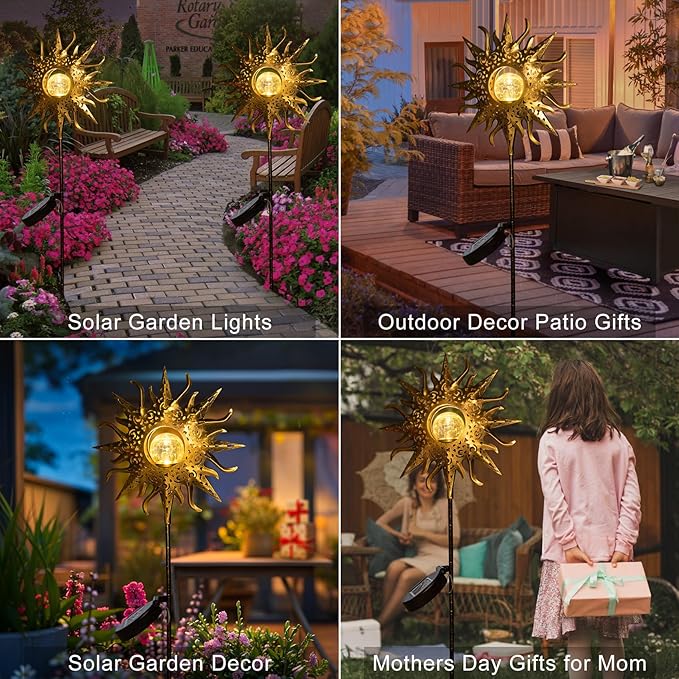 HOMEIMPRO Large Sun Solar Garden Decor Lights Outdoor Garden Gifts Mom Dad, Crackle Glass Metal Stake,Yard Decorations, Waterproof LED Lights for Lawn Patio Ornaments, Mothers Day Gifts for Women-VerdiqueGarden