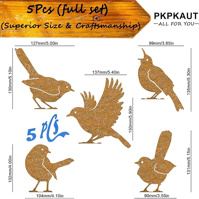 5Pcs Metal Birds Robin Fence Decorations Outdoor Yard Art, Rusty Birds Fence Art Outdoor and Garden, Metal Bird Silhouette Craft Statue Ornaments Fence Topper Decor-VerdiqueGarden