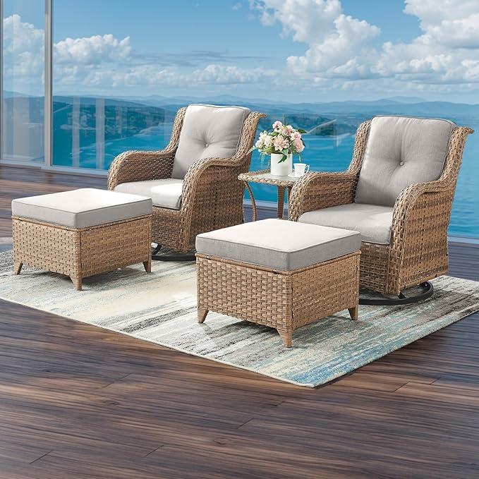 Outdoor Wicker Patio Furniture Set - 5 Pieces Rattan Patio Conversation Set with 2 Rocking Swivel Chairs,2 Ottomans and 1 Side Table for Porch Deck Backyard Garden(Yellow/Beige)-VerdiqueGarden