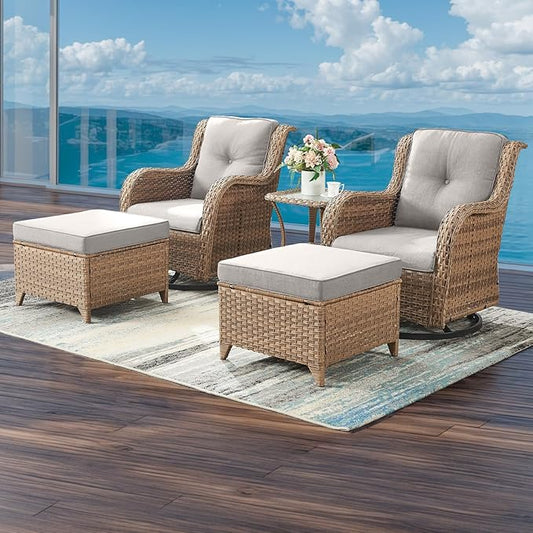 Outdoor Wicker Patio Furniture Set - 5 Pieces Rattan Patio Conversation Set with 2 Rocking Swivel Chairs,2 Ottomans and 1 Side Table for Porch Deck Backyard Garden(Yellow/Beige)-VerdiqueGarden