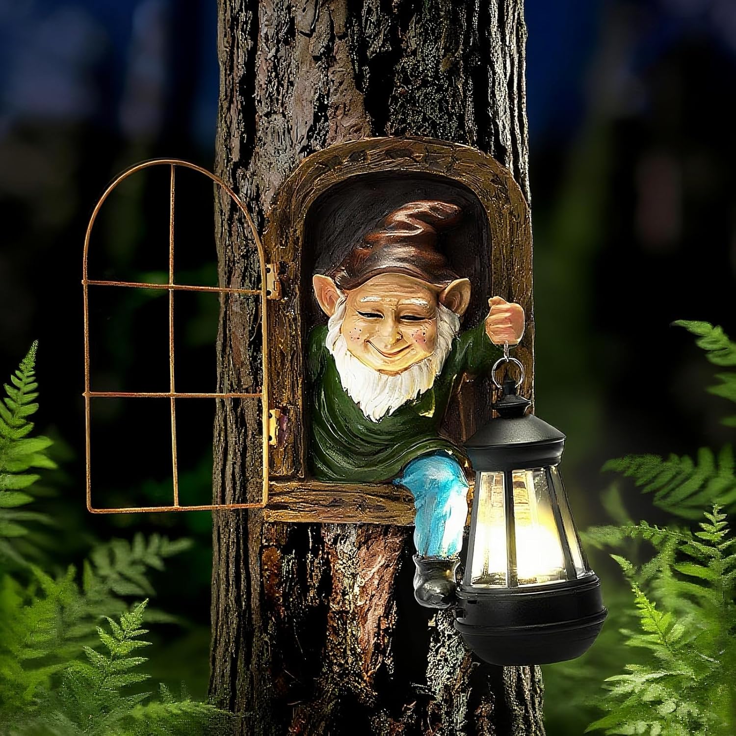 Garden Gnome Decor Outdoor Statue - Gnome With Solar Waterproof Lantern, Whimsical Elf Out The Door Tree Hugger Garden Statues, Home, Fence, Patio, Resin Ornament, Gardening Gift Tree Faces Gnomes-VerdiqueGarden
