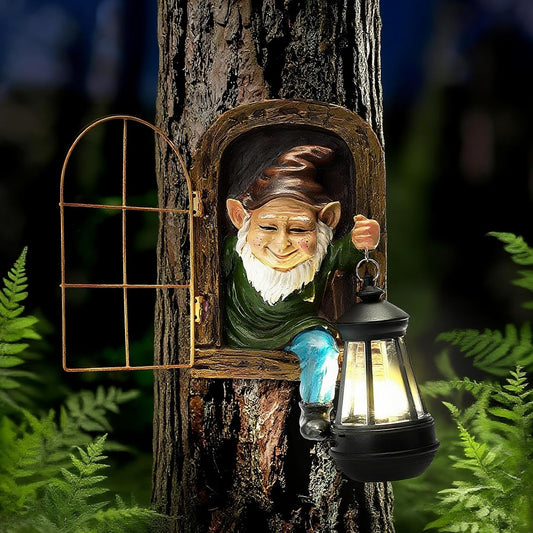 Garden Gnome Decor Outdoor Statue - Gnome With Solar Waterproof Lantern, Whimsical Elf Out The Door Tree Hugger Garden Statues, Home, Fence, Patio, Resin Ornament, Gardening Gift Tree Faces Gnomes-VerdiqueGarden