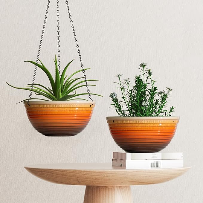 12 inch Hanging Planters for Indoor Outdoor Plants, 2 Pack Large Hanging Flower Pots with Drainage Holes and Chain, Glazed Hanging Baskets for Home Garden Decoration, Orange-VerdiqueGarden
