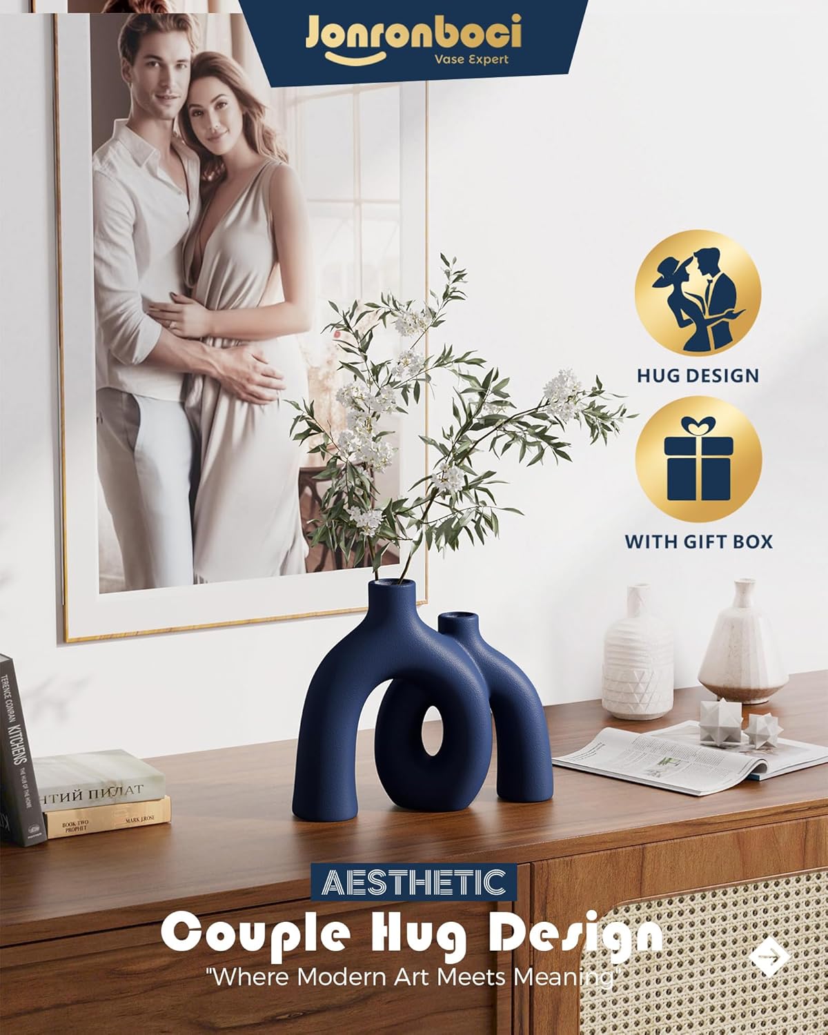 Hug Donut Decorative Vase Set - Navy Blue Vase, Modern Coastal Style Vases Home Decor, Matte Ceramic Decorations for Living Room Shelf, Bookshelf Mantle Entryway Table or Console Décor (Navy Blue)-VerdiqueGarden